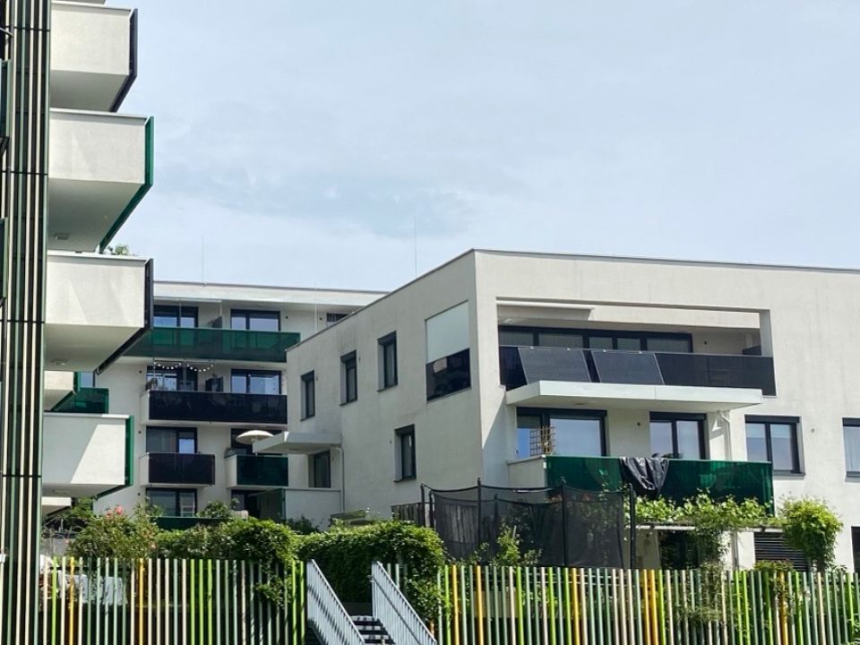 Plug-in solar panels on the balconies of a modern block of flats